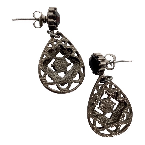 Filigree Dangle Earrings Gunmetal Tone Black Rhinestones Vintage EUC - Picture 2 of 8